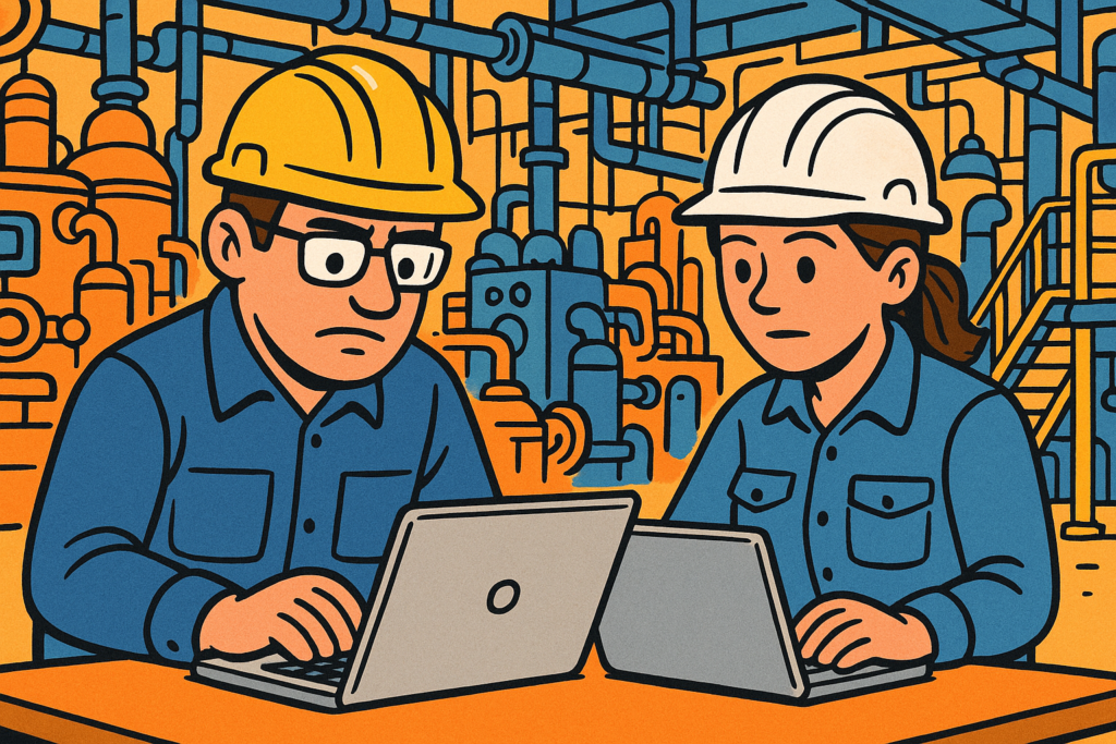 Lucrători în fabrică folosind laptopuri pentru mentenanță industrială – ilustrație stil caricatură